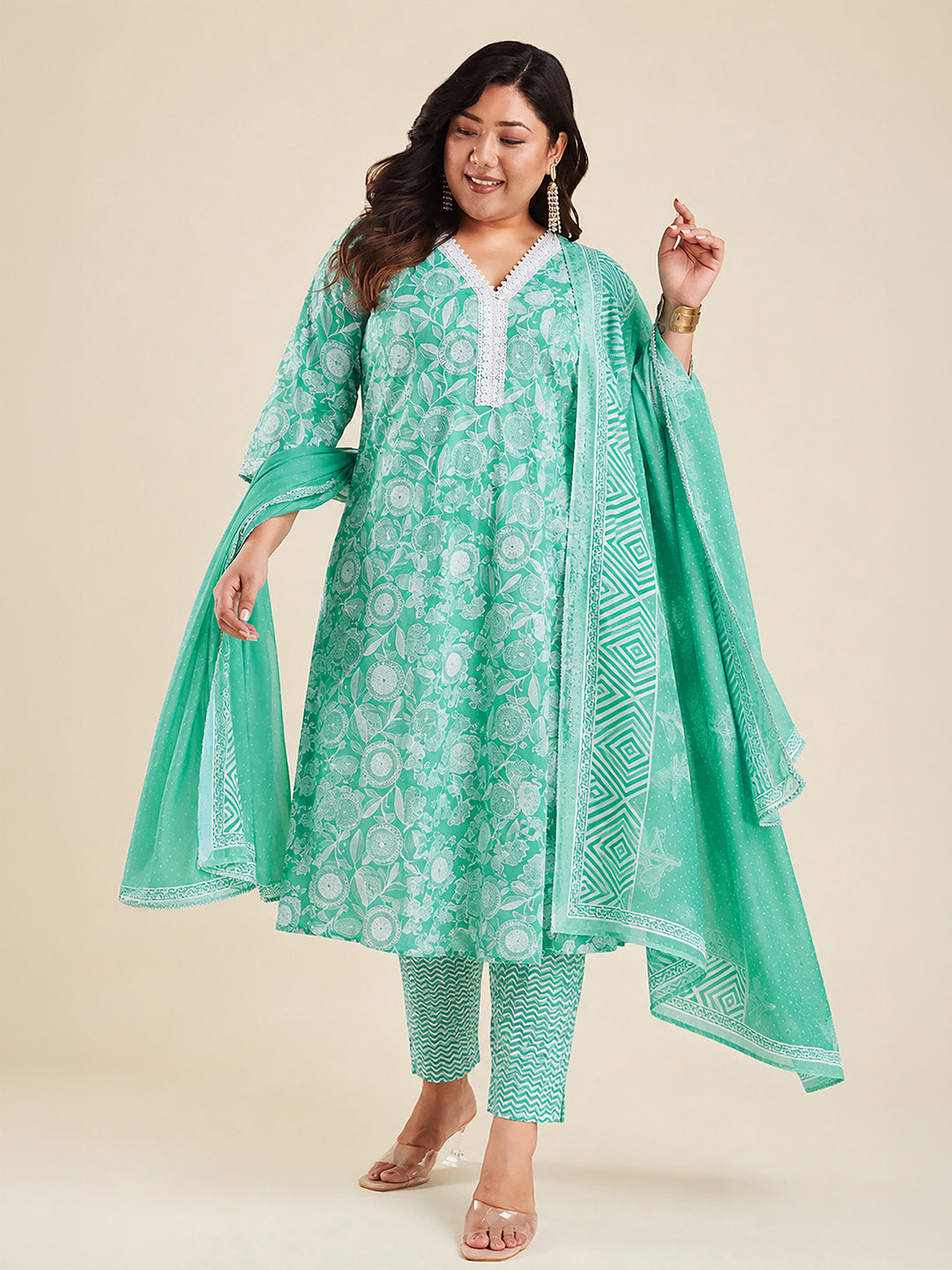 Janasya Women's Plus Size Sea Green Pure Cotton Floral Printed Straight Kurta Set