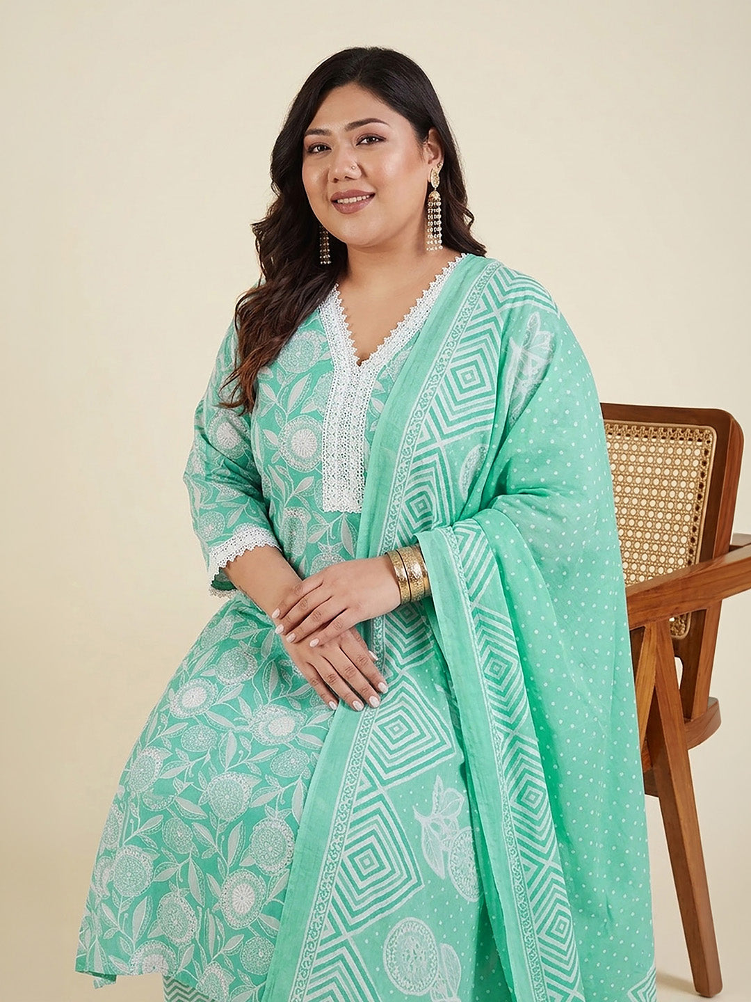 Janasya Women's Plus Size Sea Green Pure Cotton Floral Printed Straight Kurta Set