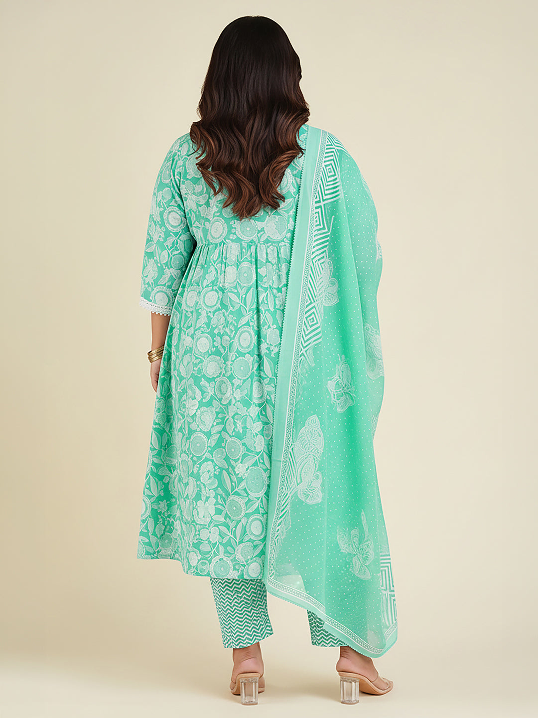 Janasya Women's Plus Size Sea Green Pure Cotton Floral Printed Straight Kurta Set