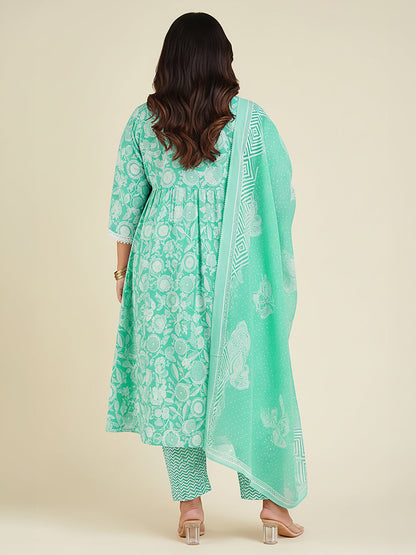 Janasya Women's Plus Size Sea Green Pure Cotton Floral Printed Straight Kurta Set