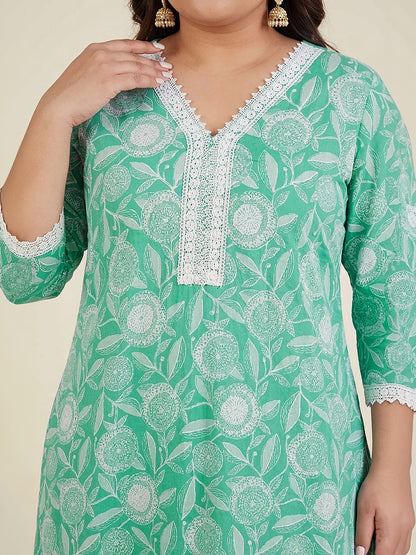 Janasya Women's Plus Size Sea Green Pure Cotton Floral Printed Straight Kurta Set