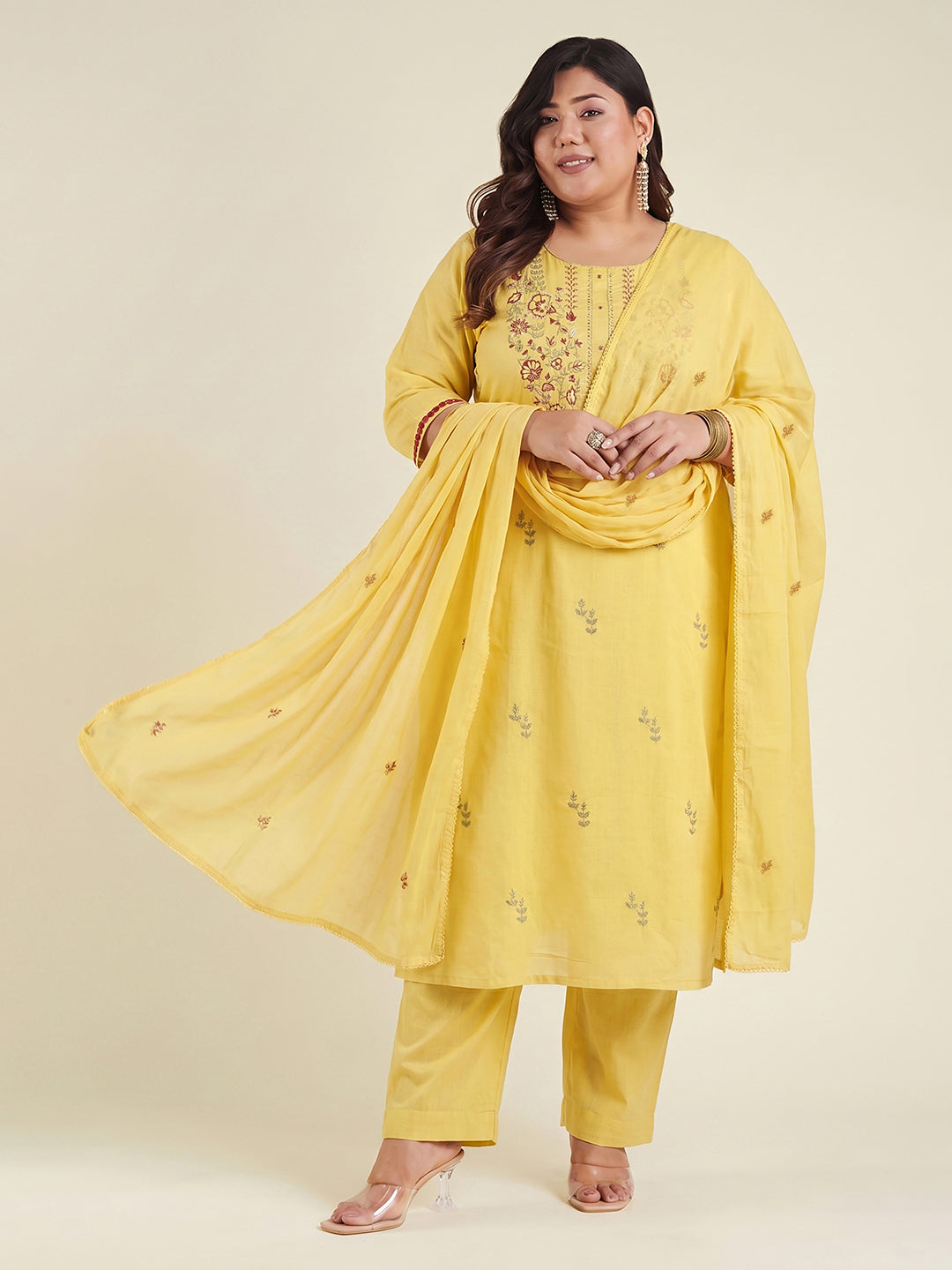 Janasya Women's Plus Size Yellow Linen Cotton Embroidered Straight Kurta Set