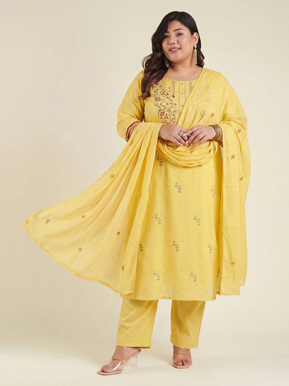 Janasya Women's Plus Size Yellow Linen Cotton Embroidered Straight Kurta Set
