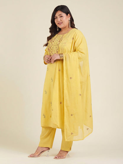 Janasya Women's Plus Size Yellow Linen Cotton Embroidered Straight Kurta Set