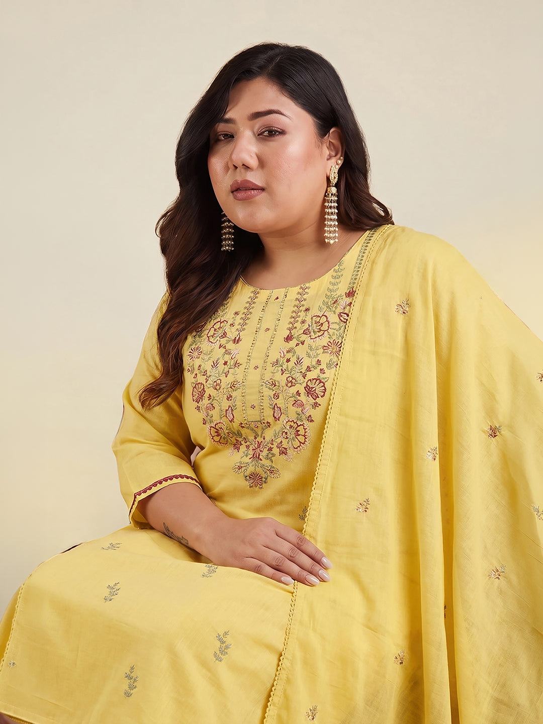 Janasya Women's Plus Size Yellow Linen Cotton Embroidered Straight Kurta Set