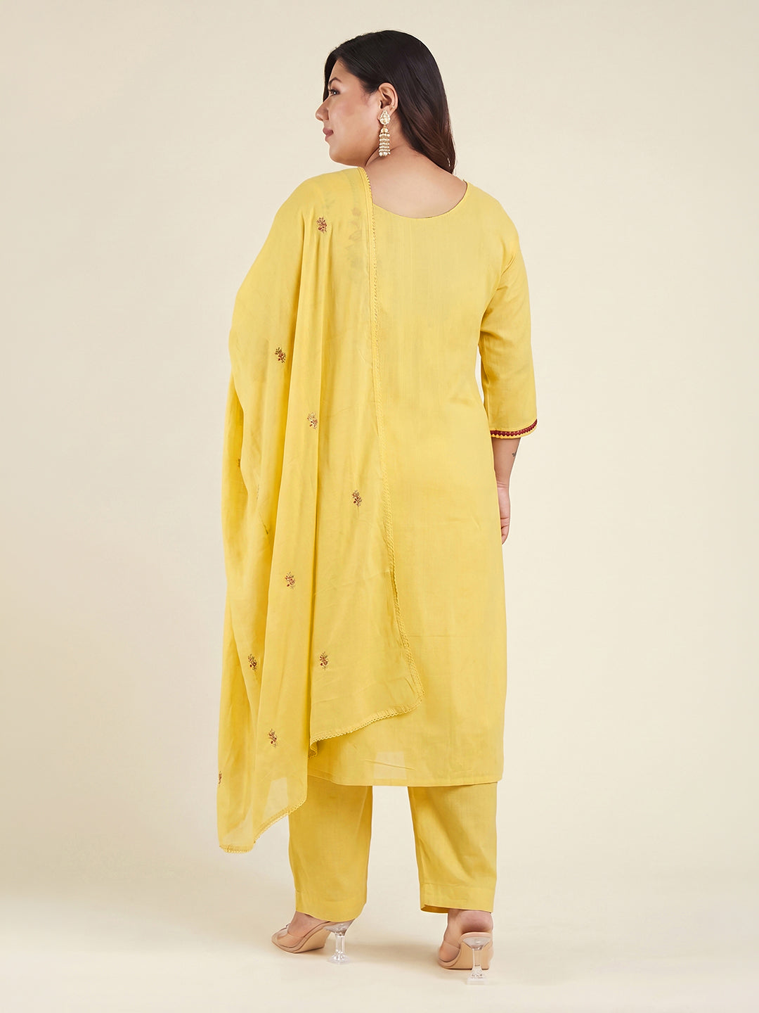 Janasya Women's Plus Size Yellow Linen Cotton Embroidered Straight Kurta Set