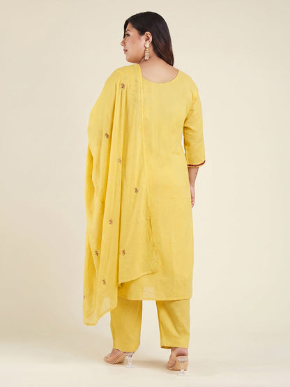 Janasya Women's Plus Size Yellow Linen Cotton Embroidered Straight Kurta Set