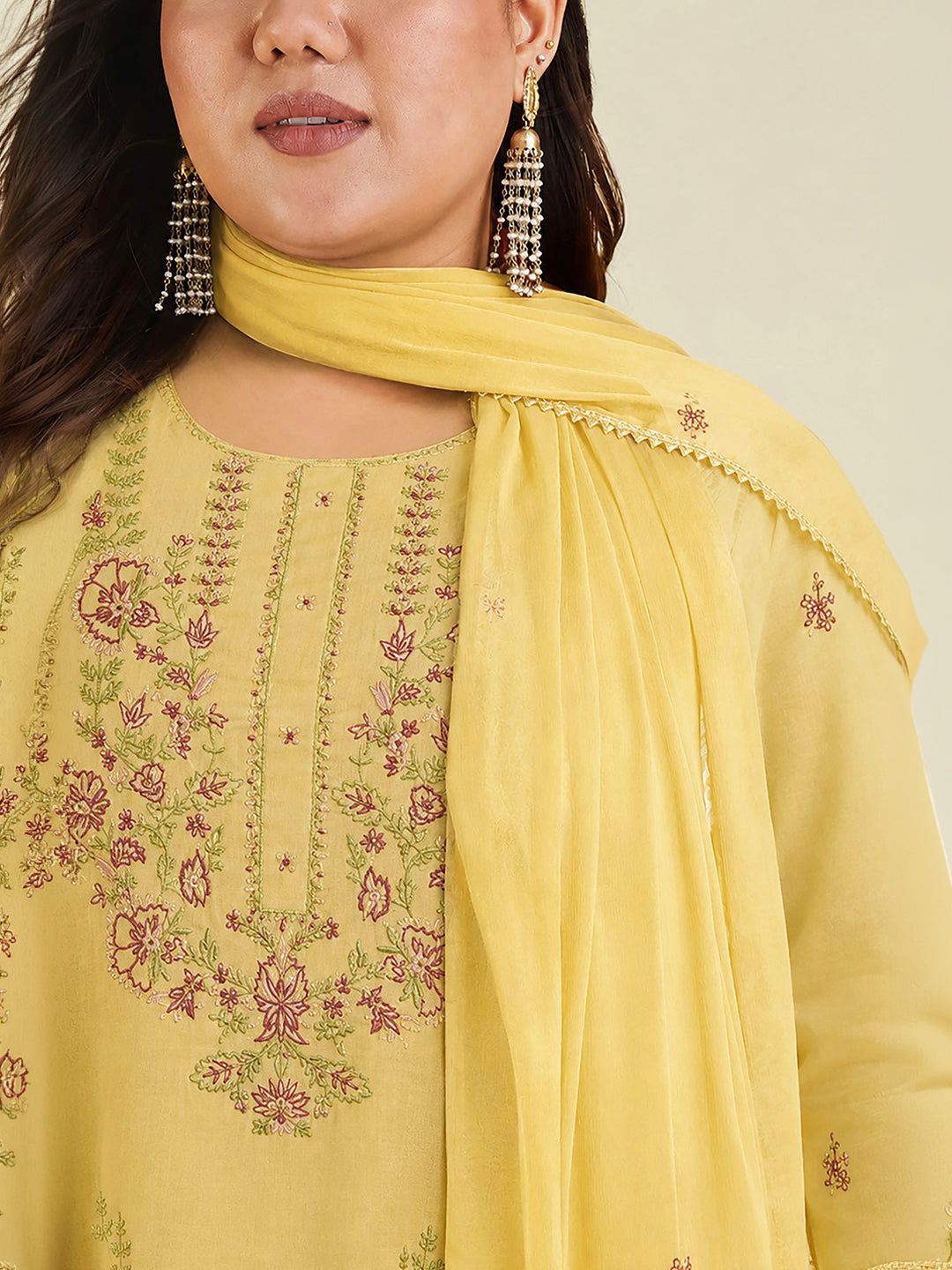 Janasya Women's Plus Size Yellow Linen Cotton Embroidered Straight Kurta Set