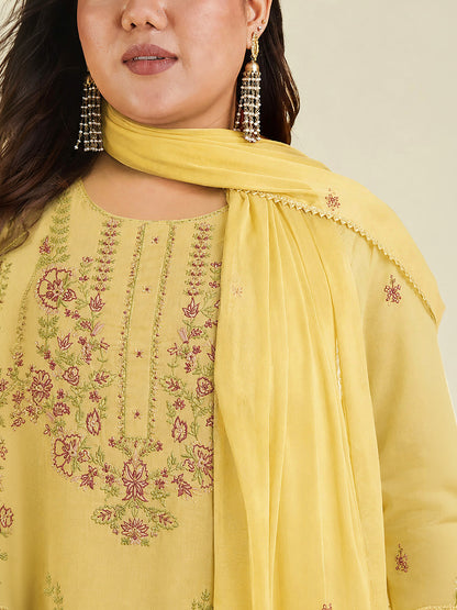 Janasya Women's Plus Size Yellow Linen Cotton Embroidered Straight Kurta Set