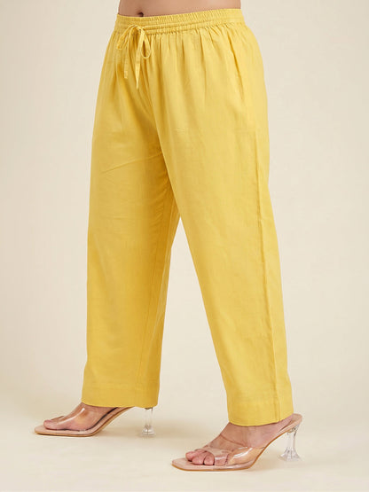 Janasya Women's Plus Size Yellow Linen Cotton Embroidered Straight Kurta Set