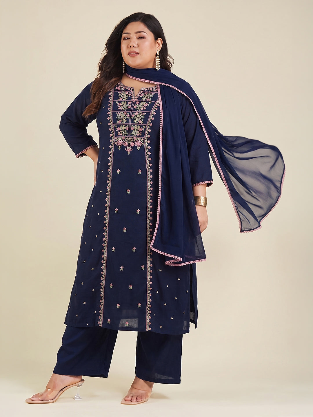 Janasya Women's Plus Size Navy Blue Linen Cotton Embroidered Straight Kurta Set