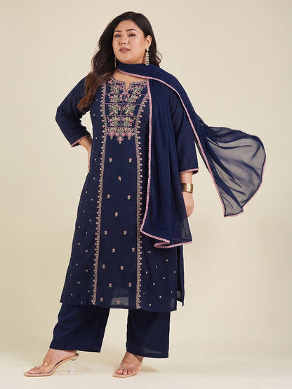 Janasya Women's Plus Size Navy Blue Linen Cotton Embroidered Straight Kurta Set