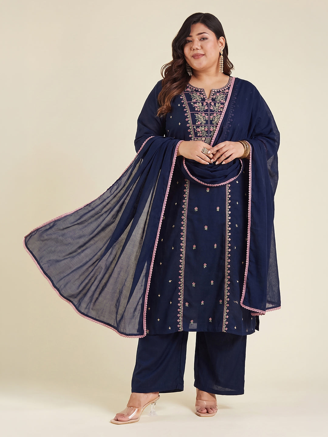 Janasya Women's Plus Size Navy Blue Linen Cotton Embroidered Straight Kurta Set