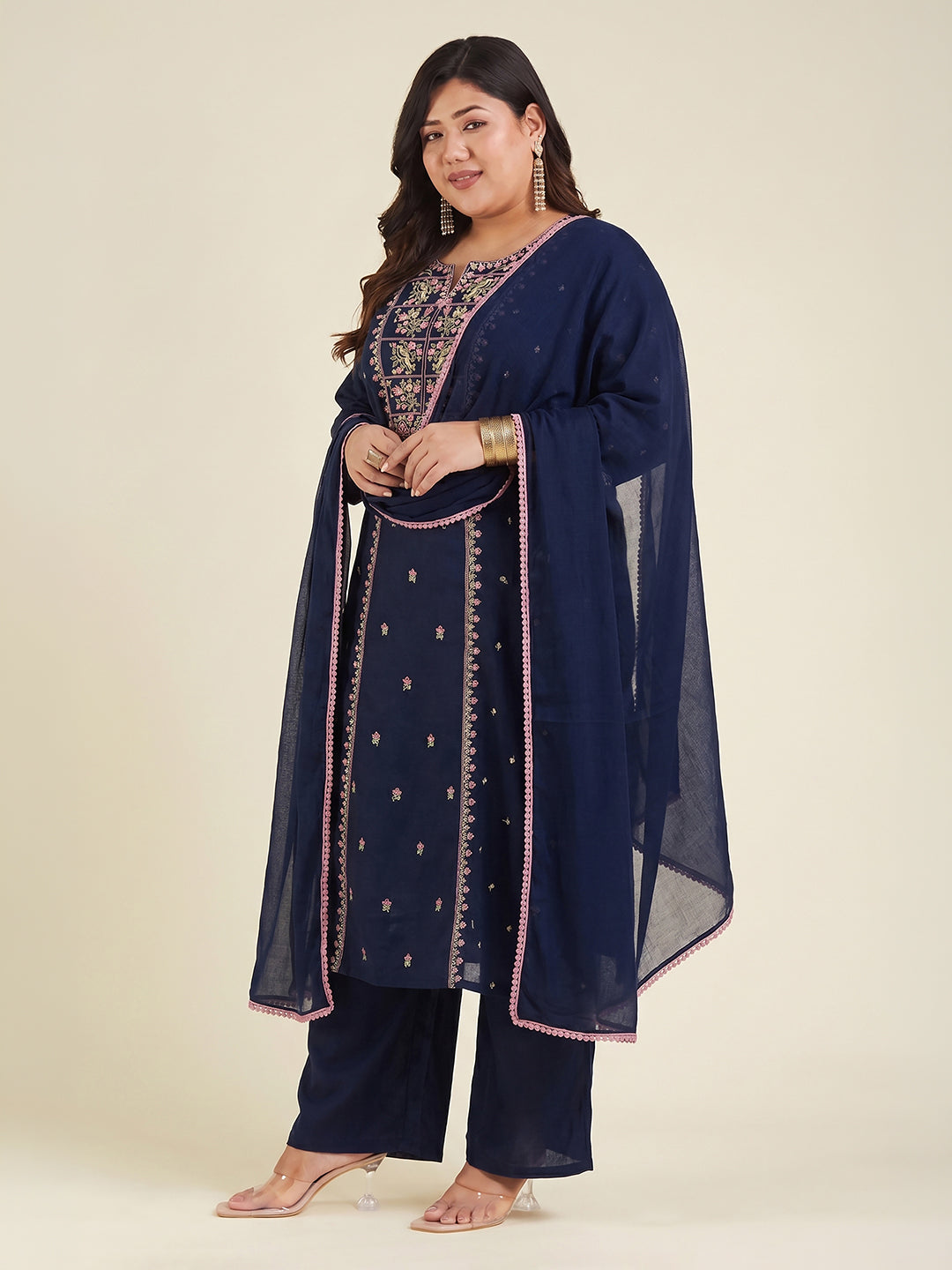Janasya Women's Plus Size Navy Blue Linen Cotton Embroidered Straight Kurta Set