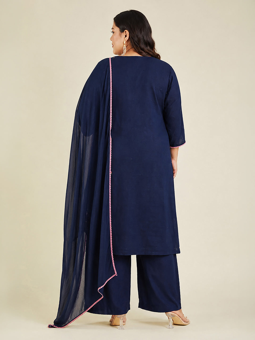 Janasya Women's Plus Size Navy Blue Linen Cotton Embroidered Straight Kurta Set
