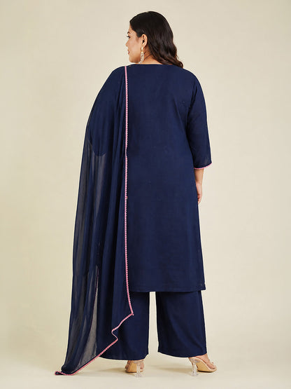 Janasya Women's Plus Size Navy Blue Linen Cotton Embroidered Straight Kurta Set