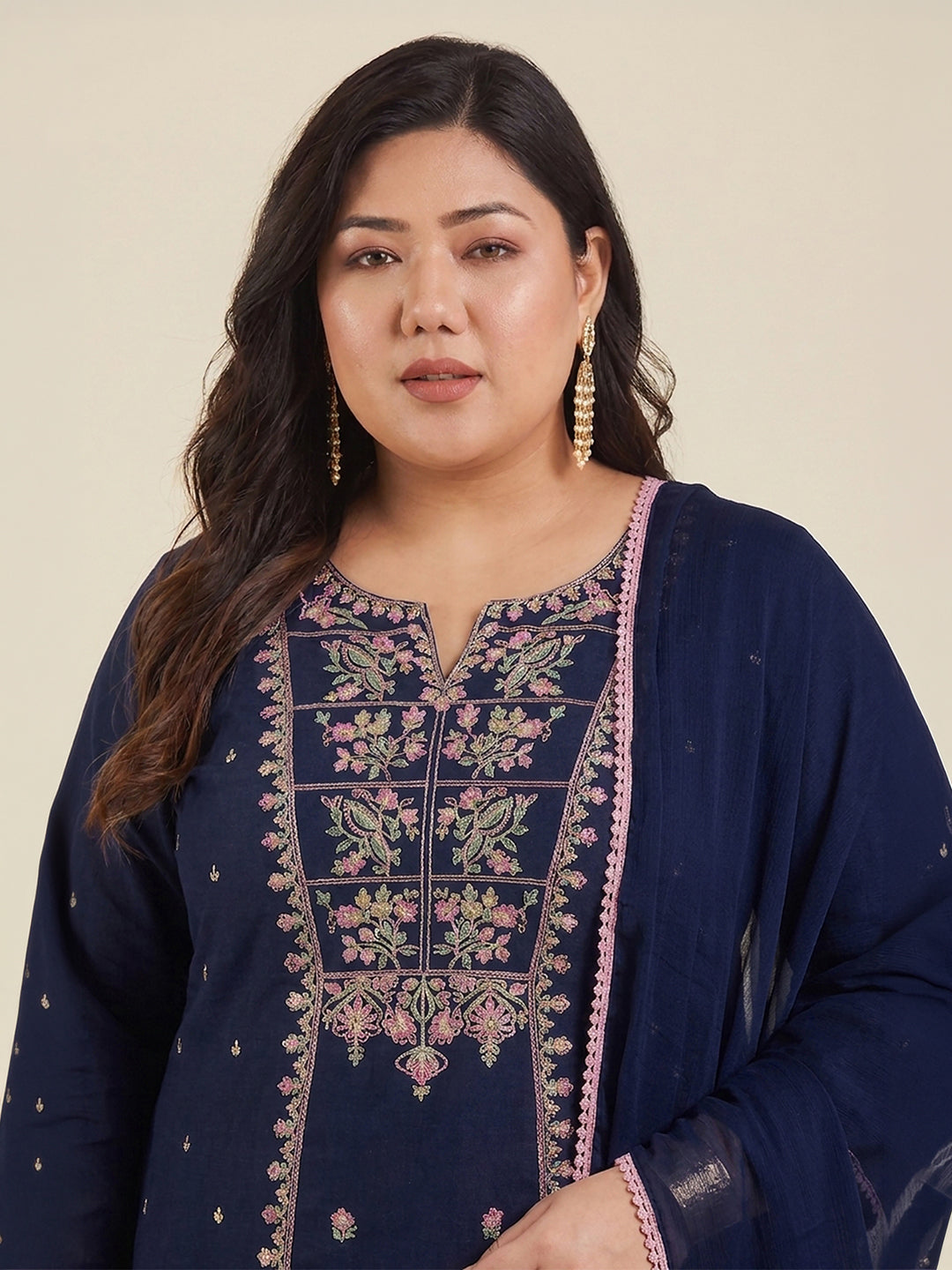 Janasya Women's Plus Size Navy Blue Linen Cotton Embroidered Straight Kurta Set