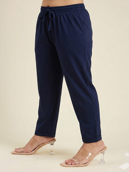 Janasya Women's Plus Size Navy Blue Linen Cotton Embroidered Straight Kurta Set