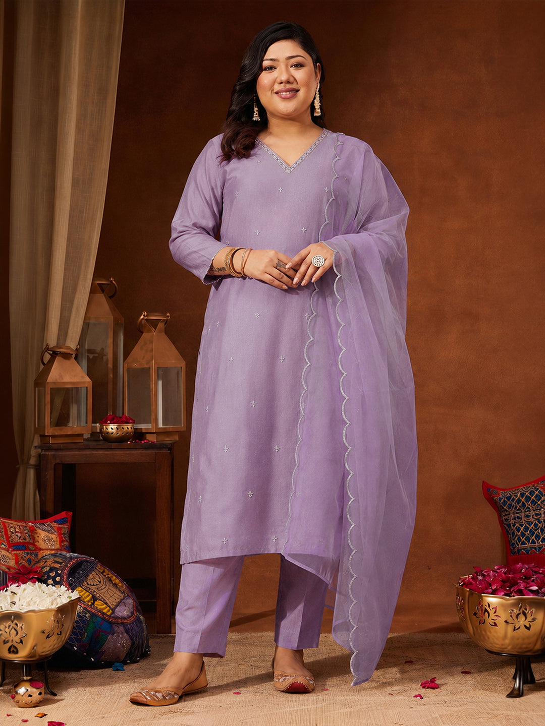 Janasya Women's Plus Size Lavender Silk Blend Embroidered Straight Kurta Set