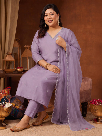 Janasya Women's Plus Size Lavender Silk Blend Embroidered Straight Kurta Set