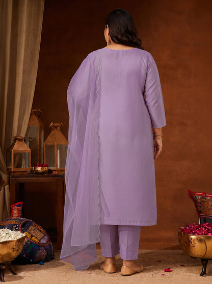Janasya Women's Plus Size Lavender Silk Blend Embroidered Straight Kurta Set