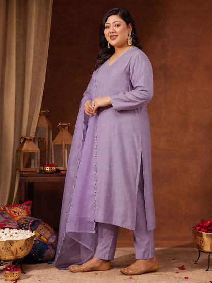 Janasya Women's Plus Size Lavender Silk Blend Embroidered Straight Kurta Set