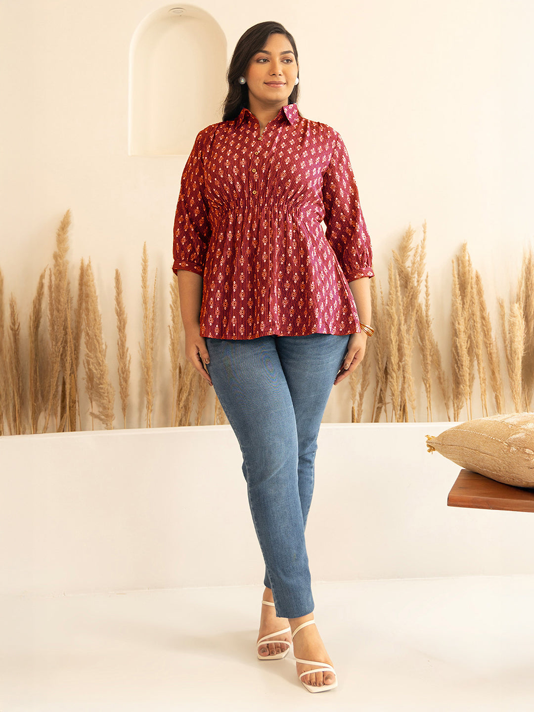 Janasya Women's Plus Size Red Pure Cotton Ethnic Motifs Printed Peplum Top