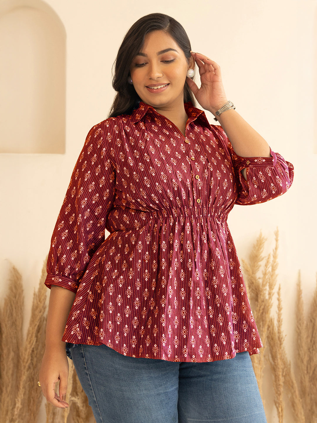 Janasya Women's Plus Size Red Pure Cotton Ethnic Motifs Printed Peplum Top