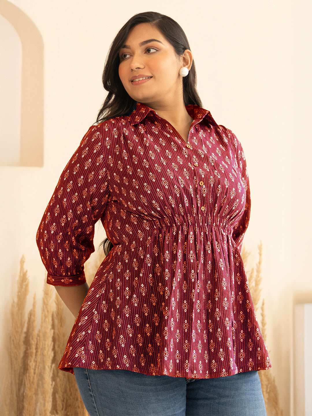 Janasya Women's Plus Size Red Pure Cotton Ethnic Motifs Printed Peplum Top