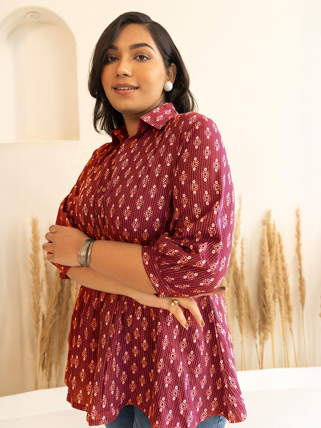 Janasya Women's Plus Size Red Pure Cotton Ethnic Motifs Printed Peplum Top