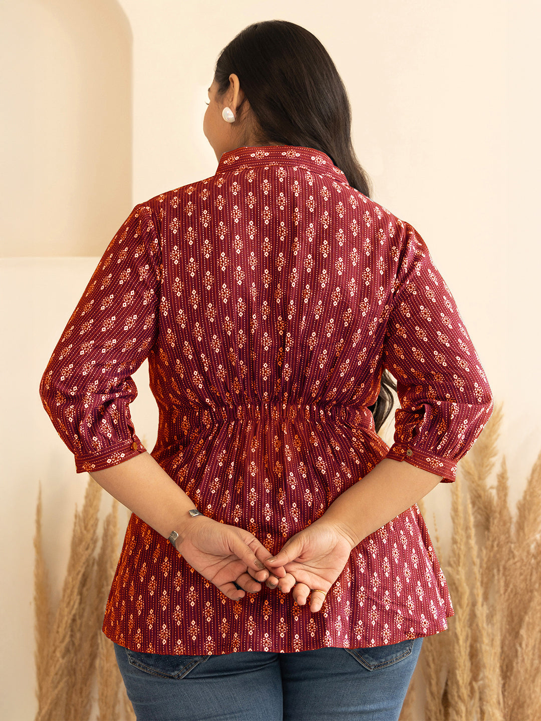 Janasya Women's Plus Size Red Pure Cotton Ethnic Motifs Printed Peplum Top