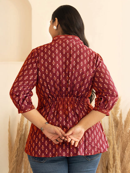 Janasya Women's Plus Size Red Pure Cotton Ethnic Motifs Printed Peplum Top