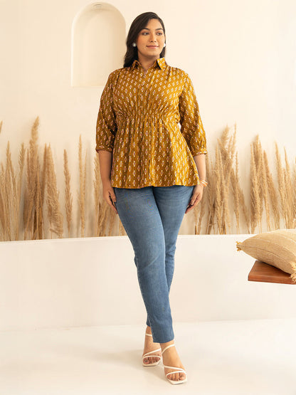 Janasya Women's Plus Size Mustard Pure Cotton Ethnic Motifs Printed Peplum Top