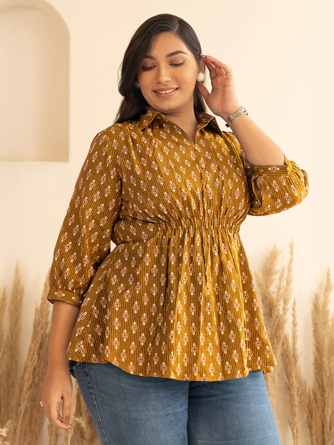 Janasya Women's Plus Size Mustard Pure Cotton Ethnic Motifs Printed Peplum Top