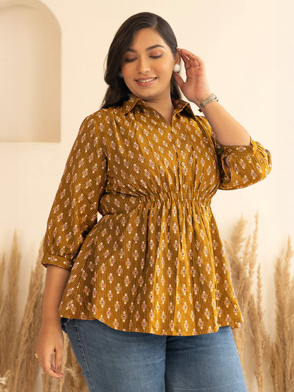 Janasya Women's Plus Size Mustard Pure Cotton Ethnic Motifs Printed Peplum Top