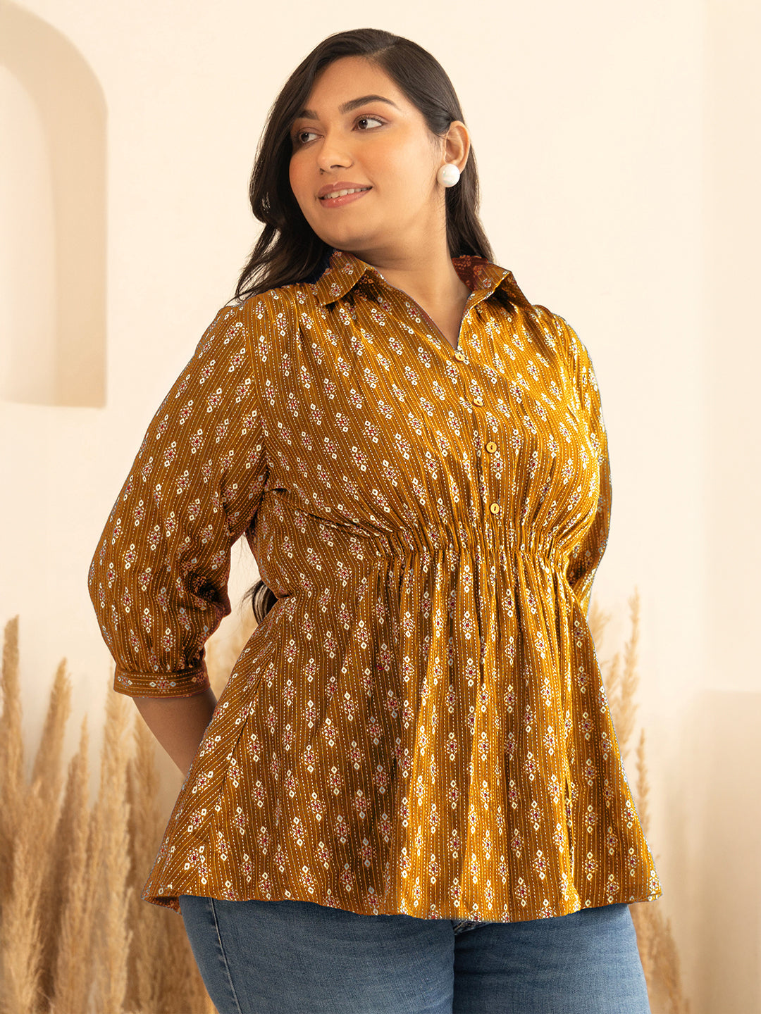 Janasya Women's Plus Size Mustard Pure Cotton Ethnic Motifs Printed Peplum Top