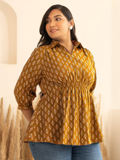 Janasya Women's Plus Size Mustard Pure Cotton Ethnic Motifs Printed Peplum Top