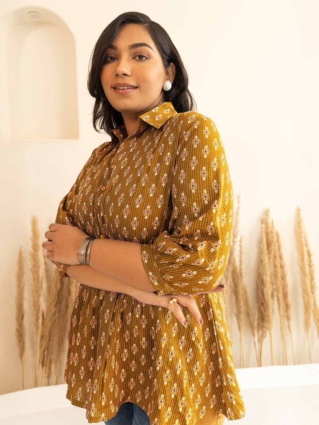 Janasya Women's Plus Size Mustard Pure Cotton Ethnic Motifs Printed Peplum Top