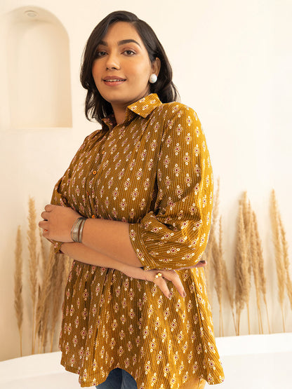 Janasya Women's Plus Size Mustard Pure Cotton Ethnic Motifs Printed Peplum Top