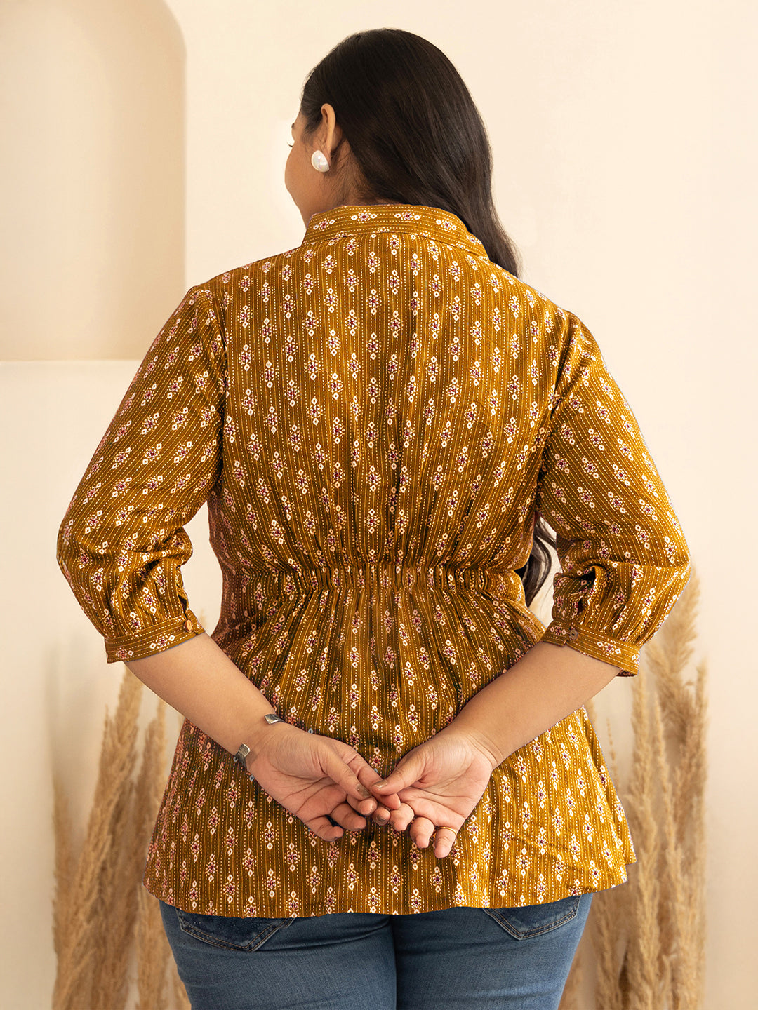 Janasya Women's Plus Size Mustard Pure Cotton Ethnic Motifs Printed Peplum Top