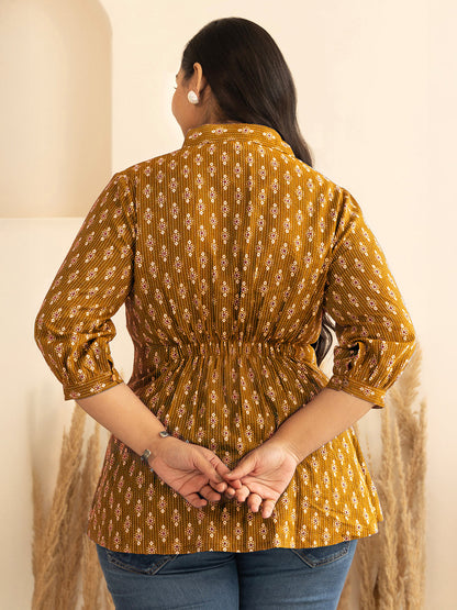 Janasya Women's Plus Size Mustard Pure Cotton Ethnic Motifs Printed Peplum Top