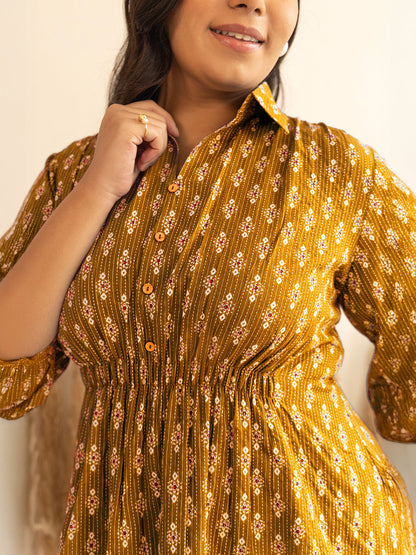 Janasya Women's Plus Size Mustard Pure Cotton Ethnic Motifs Printed Peplum Top