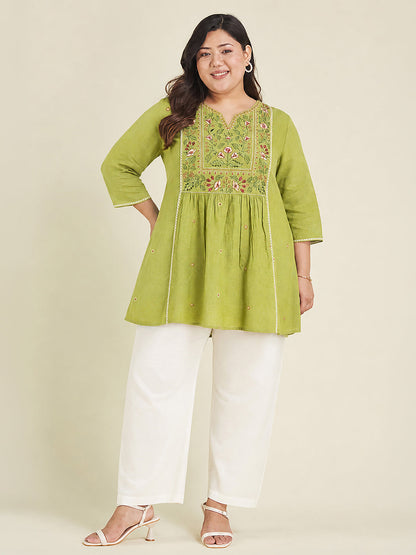 Janasya Women's Plus Size Lime Green Rayon Yoke Embroidered A-Line Tunic