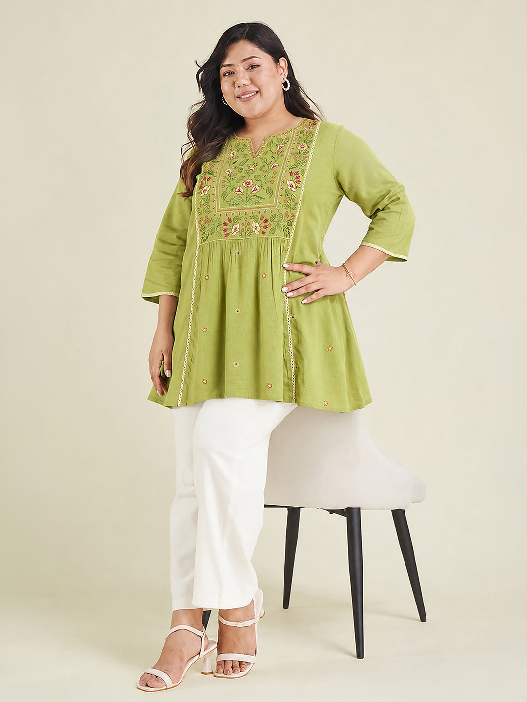 Janasya Women's Plus Size Lime Green Rayon Yoke Embroidered A-Line Tunic