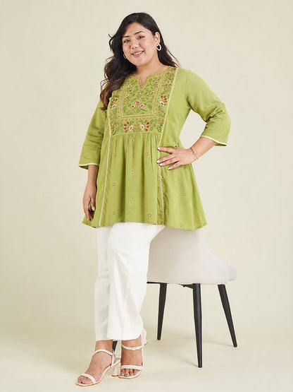 Janasya Women's Plus Size Lime Green Rayon Yoke Embroidered A-Line Tunic
