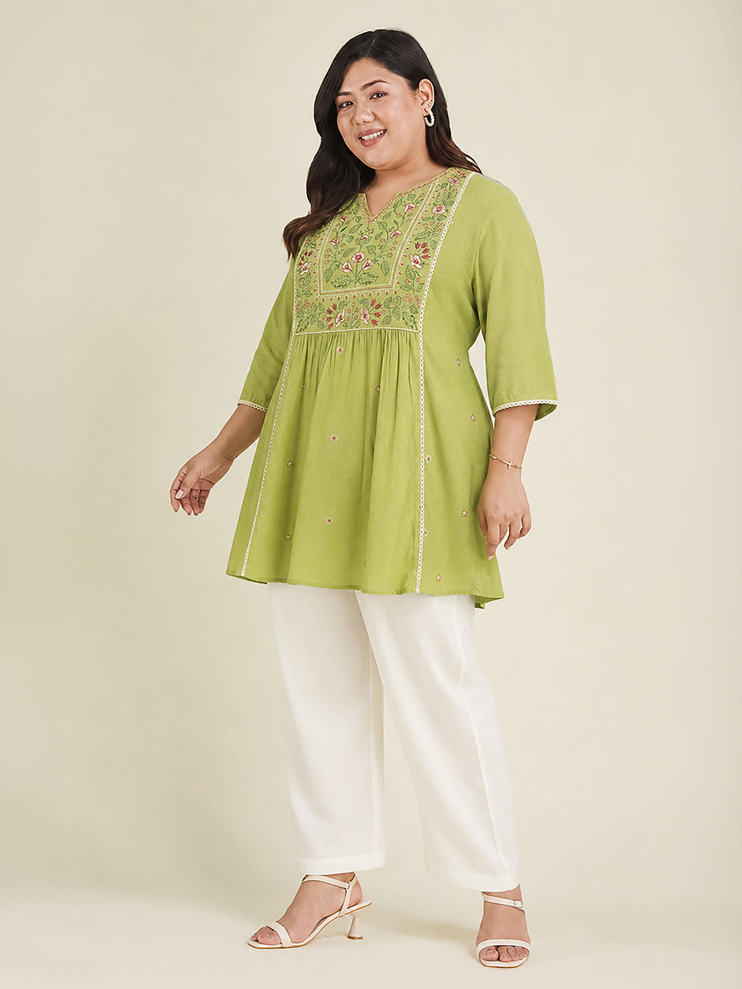 Janasya Women's Plus Size Lime Green Rayon Yoke Embroidered A-Line Tunic