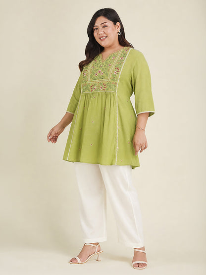 Janasya Women's Plus Size Lime Green Rayon Yoke Embroidered A-Line Tunic