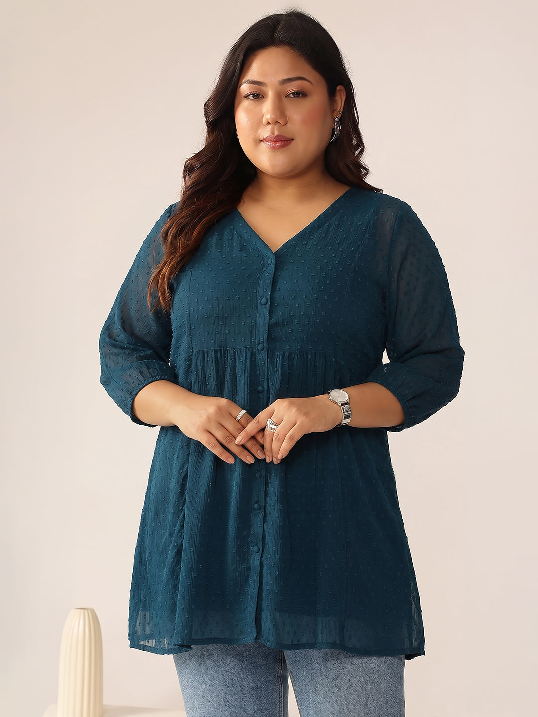 Janasya Women's Plus Size Teal Blue Dobby Chiffon Solid A-Line Tunic