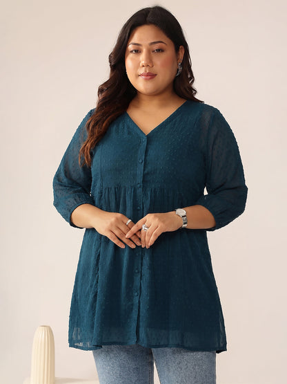 Janasya Women's Plus Size Teal Blue Dobby Chiffon Solid A-Line Tunic