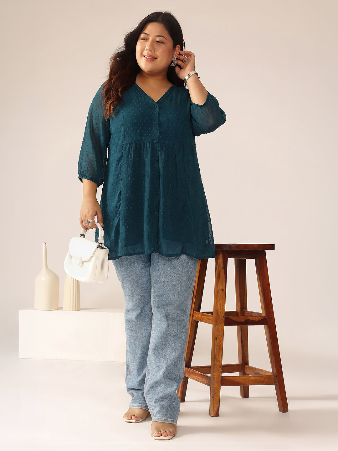 Janasya Women's Plus Size Teal Blue Dobby Chiffon Solid A-Line Tunic